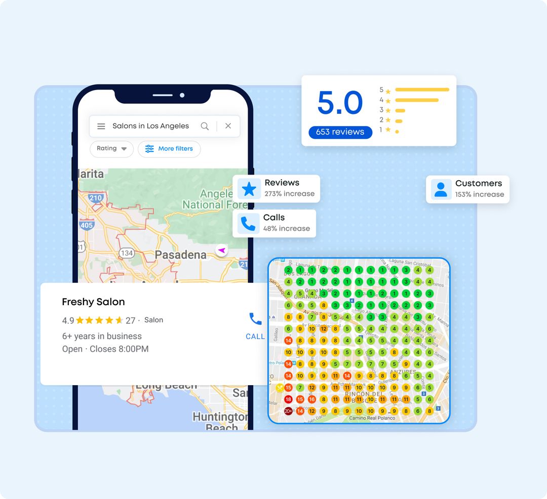 Illustration of a Google business listing, customer reviews, and a local ranking map